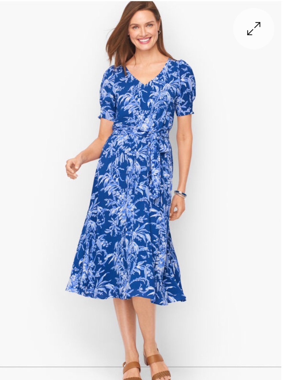 NEW TALBOTS BELTED FIT & FLARE BLUE FLORAL SHORT SLEEVE V NECK MIDI DRESS SZ 12P - Picture 3 of 14